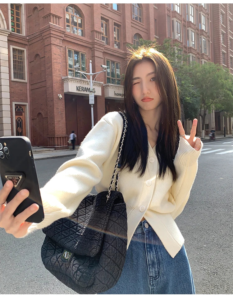 AOSSVIAO Knitted Casual Cardigan 2025 Autumn Winter Elegance Solid Color V-neck Sweater Unique and Niche Slim Fit Tops