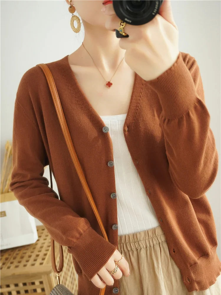 100% Cotton Line Long Sleeve V-Neck Knitted Cardigan Women Loose Short Solid Color Simple Sun Protection SMY K61