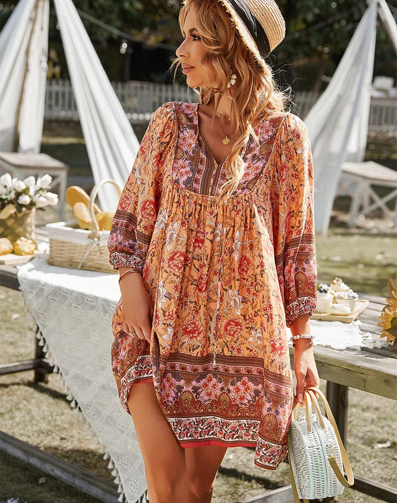 2025 Autumn Womens New Long-sleeved Bohemian Print V-neck Mini Dress For Women's Fashionable Temperament Comfortable Short Skirt