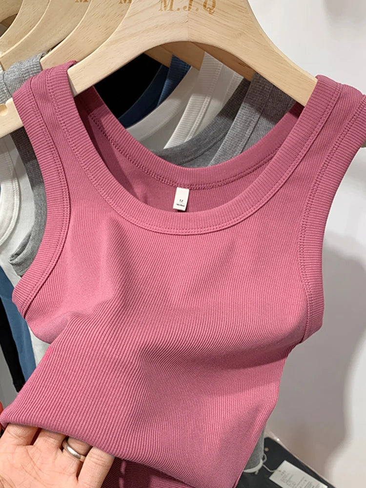 2025 Summer Women Sleeveless Tank Tops Fashion Crop Top O-neck Fitness Knitted Ribbed Vest Female Solid Camis Cropped Streetwear