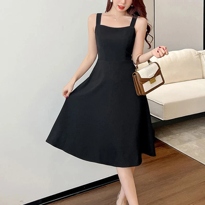 Elegant Black Midi Strapless Dress French Style Birthday Party Slimming Fit Pure Desire Design  Polyester Fiber