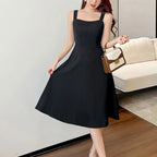Elegant Black Midi Strapless Dress French Style Birthday Party Slimming Fit Pure Desire Design  Polyester Fiber