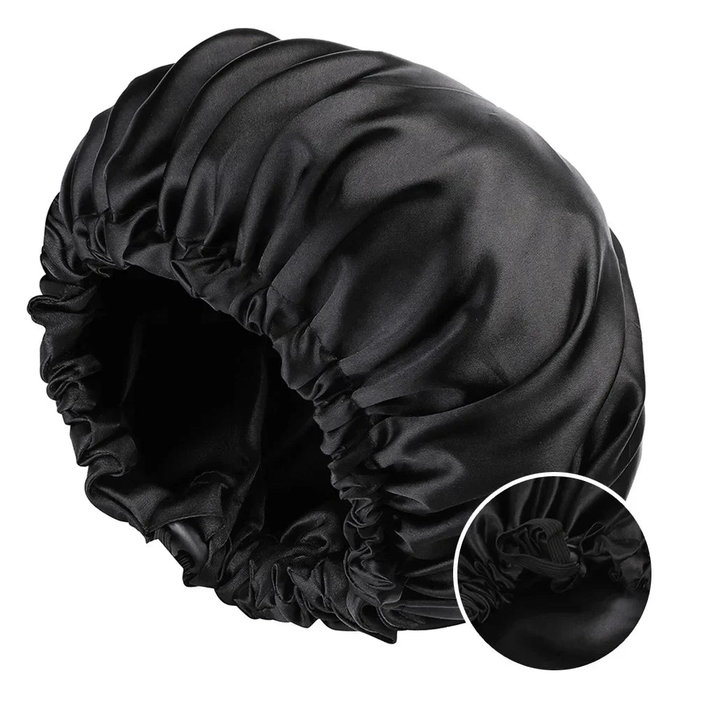Adjustable Double Layer Satin Bonnet Nightcap Doubleside Women Round Shower Caps Night Sleep Polyester Hat Solid Black Lining