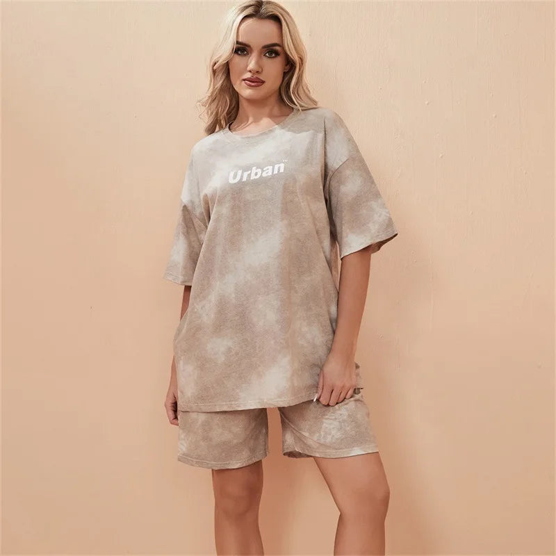 2Piece Suit Women T-Shirt Shorts Set Tie Dye Loose tshirt and wide leg middle shorts with pockets female Casual Soft Summer Sets