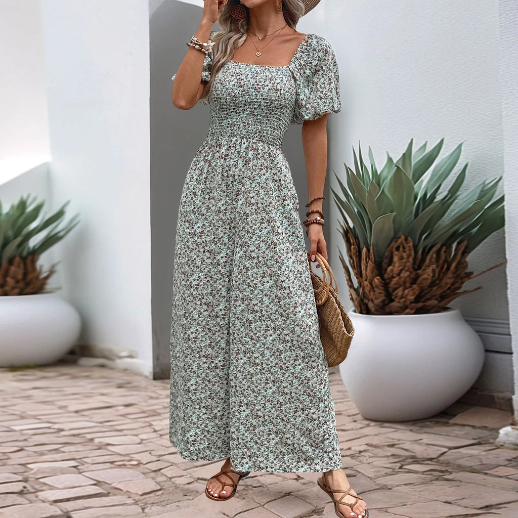 Bohemian Vacation Holiday Jumpsuit Women Pleated Wide Leg Rompers Chiffon Print Ethnic Playsuit Summer Casual Jumpsuits