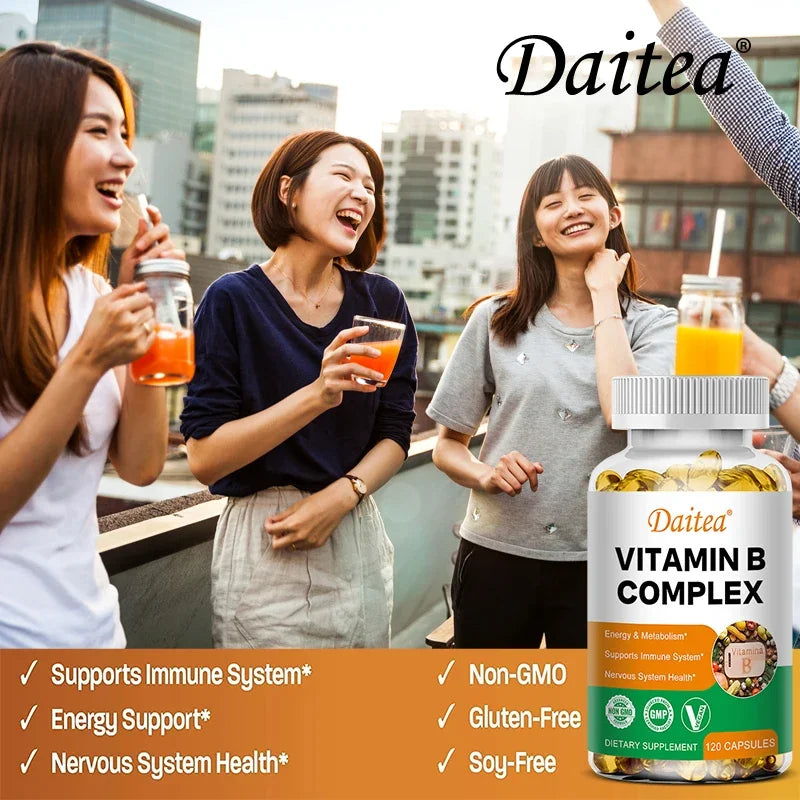 DAITEA - Vitamin B Complex Capsules - B12, B1, B2, B3, B5, B6, B7, B9, Folic Acid and Biotin - Reduce Stress, Boost Immunity