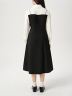 DUSHU Women Autumn Long SLeeve Dresses Office Lady Temperament Polo Neck A-LINE Long Dress Fake Two Patchwork Dress 24DS83358