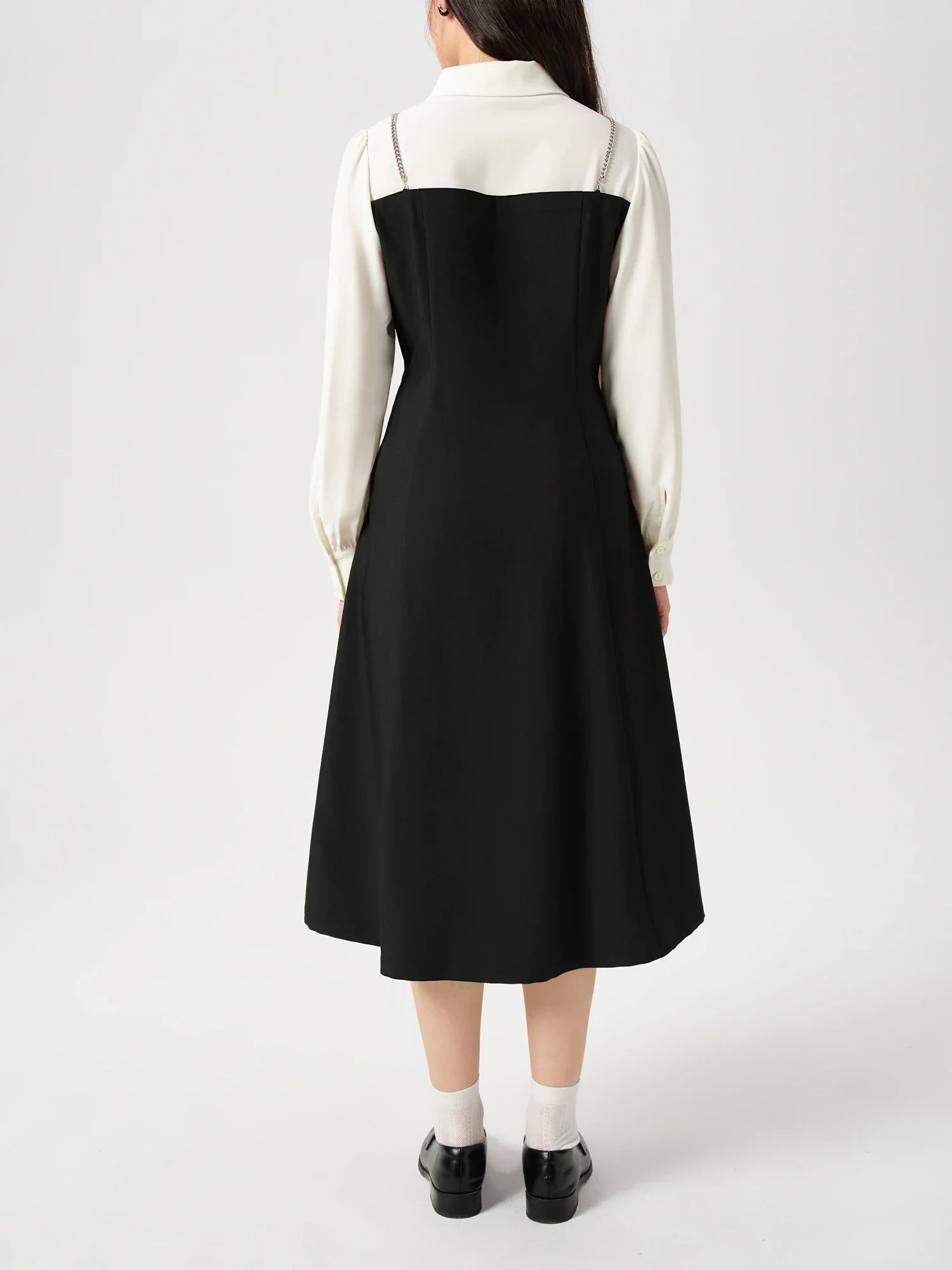 DUSHU Women Autumn Long SLeeve Dresses Office Lady Temperament Polo Neck A-LINE Long Dress Fake Two Patchwork Dress 24DS83358