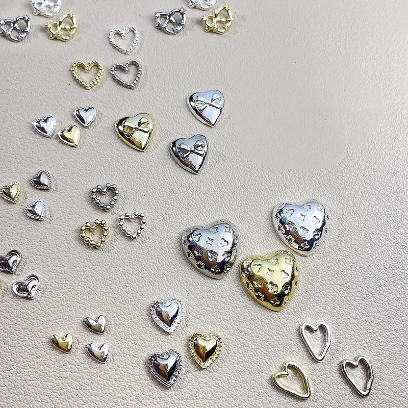 20PCS 3D Glossy Gold Silver Metallic Love Heart Various Crook Frame Solid Alloy Nail Art Rhinestones Decorations Manicure Charms