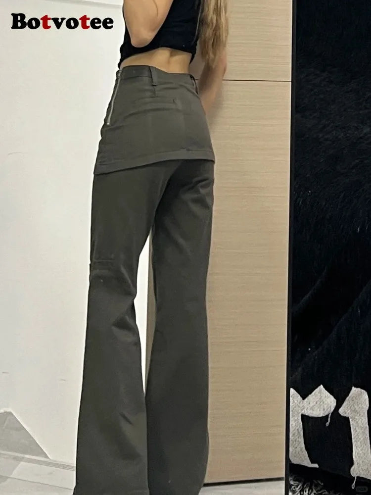 Botvotee Fake Two-Piece Plus size Wide Leg Jeans for Women 2025 New Y2k Fashion Streetwear High Waisted Flare Denim Pants