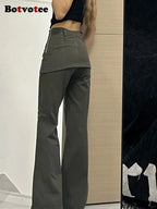 Botvotee Fake Two-Piece Plus size Wide Leg Jeans for Women 2025 New Y2k Fashion Streetwear High Waisted Flare Denim Pants