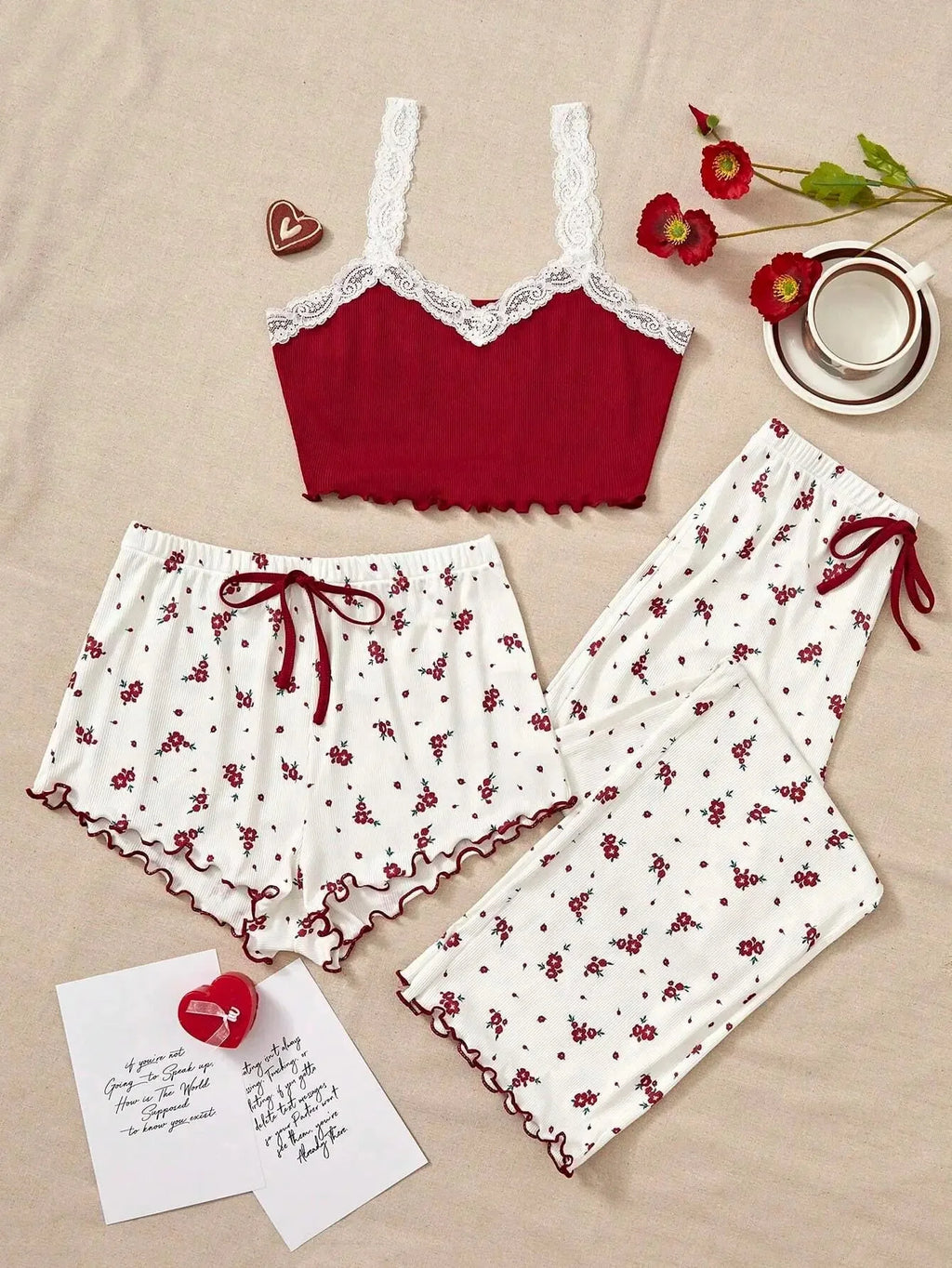 3pcs Women's Pajamas Heart-shaped Printed Vest Shorts And Pants Paired With Ribbed Fabric For Home Casual Women's Sleepwear Set