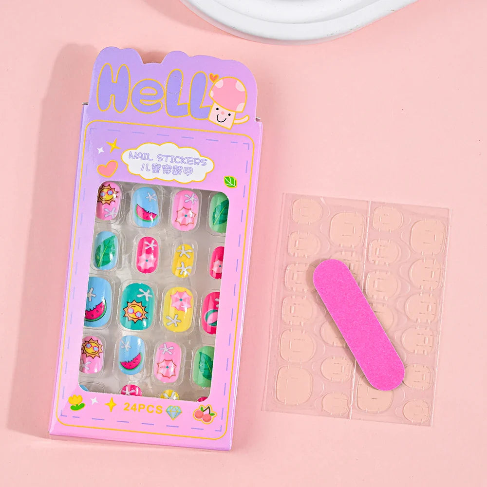 24Pcs Children Cartoon Nail Tips Colorful Cute Rabbit Pink Stars 6-14 Years old Girl Fake Nail With Jelly Glue Kids False Nail