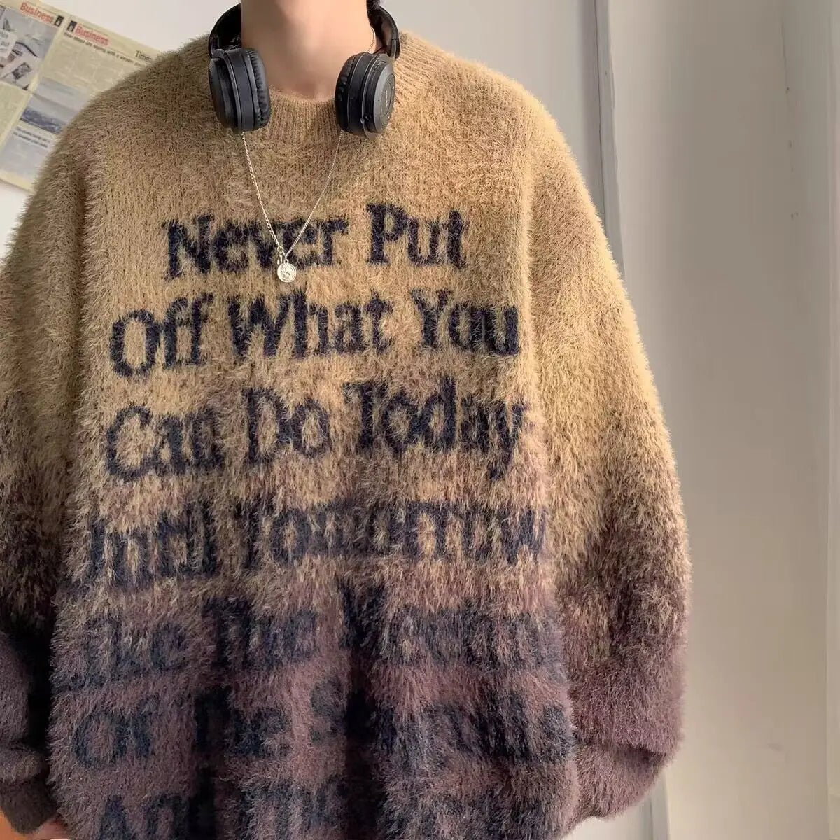 Gradient Letters Retro Sweater Men's Autumn Winter Loose Fashion Brand Handsome Clothes American Trendy Lazy Style Knitted