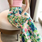 2024 Summer New Beach Pants Loose Wide-Leg Pant for Women Seaside Leisure INS High Waist Cropped Pant Straight Floral Trousers