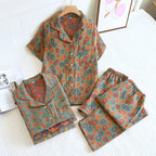 2025 New Spring/Summer Pajamas Three Piece Set Thin 100%Cotton Crepe Ladies Short Sleeves+Shorts+Pants Flip Collar Home Suit Set