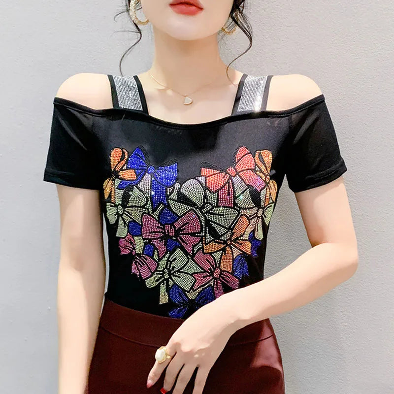Aoxison Summer Short Sleeved Women's T-Shirt Elegant Slim Shiny Love Heart Diamonds Mesh Tops Chic Girl Sexy Off Shoulder Tees
