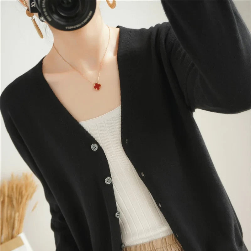 100% Cotton Line Long Sleeve V-Neck Knitted Cardigan Women Loose Short Solid Color Simple Sun Protection SMY K61