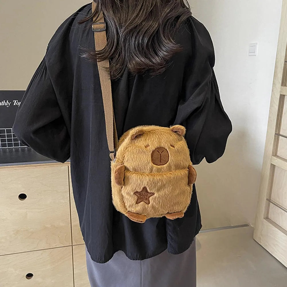 Cute Plush Capybara Crossbody Bag Large Capacity Shoulder Bag Girls Coin Purse Adjustable Zipper Plush Mobile Phone Pouch