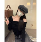 Elegant Off-Shoulder Long Sleeve Knitted Top For Women 2023 Autumn Slimming Smooth Base Layer T-Shirt Polyester Fiber Full Sleev