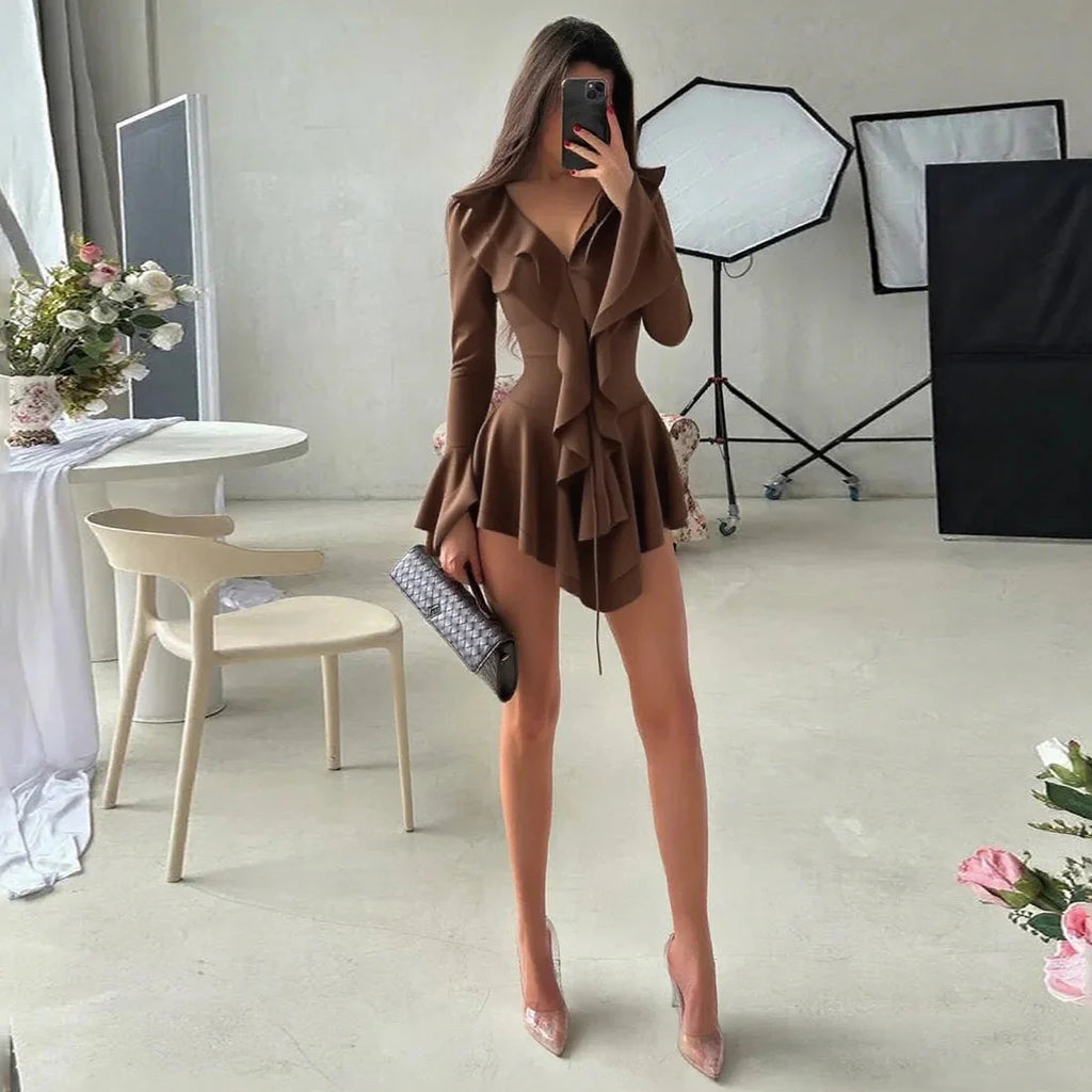 2025 New Autumn Irregular Hem Dress Women Y2K Flare Sleeve V-Neck Bandage Stretch Elegant Birthday Party Chic Hipster Bodycon
