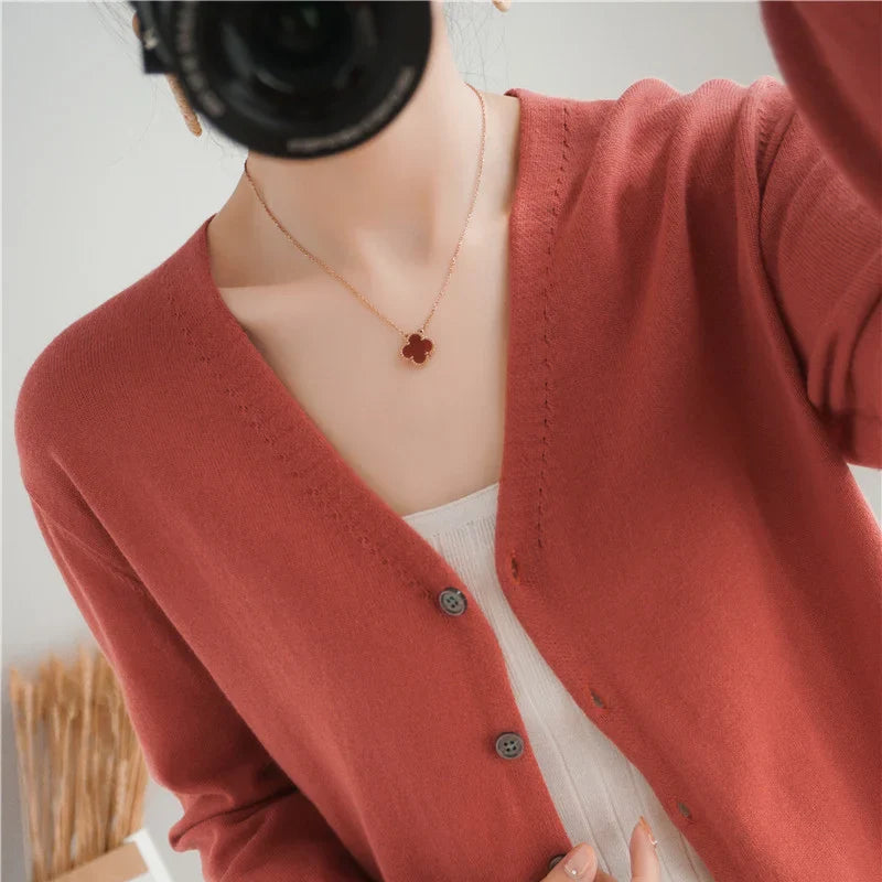 100% Cotton Line Long Sleeve V-Neck Knitted Cardigan Women Loose Short Solid Color Simple Sun Protection SMY K61