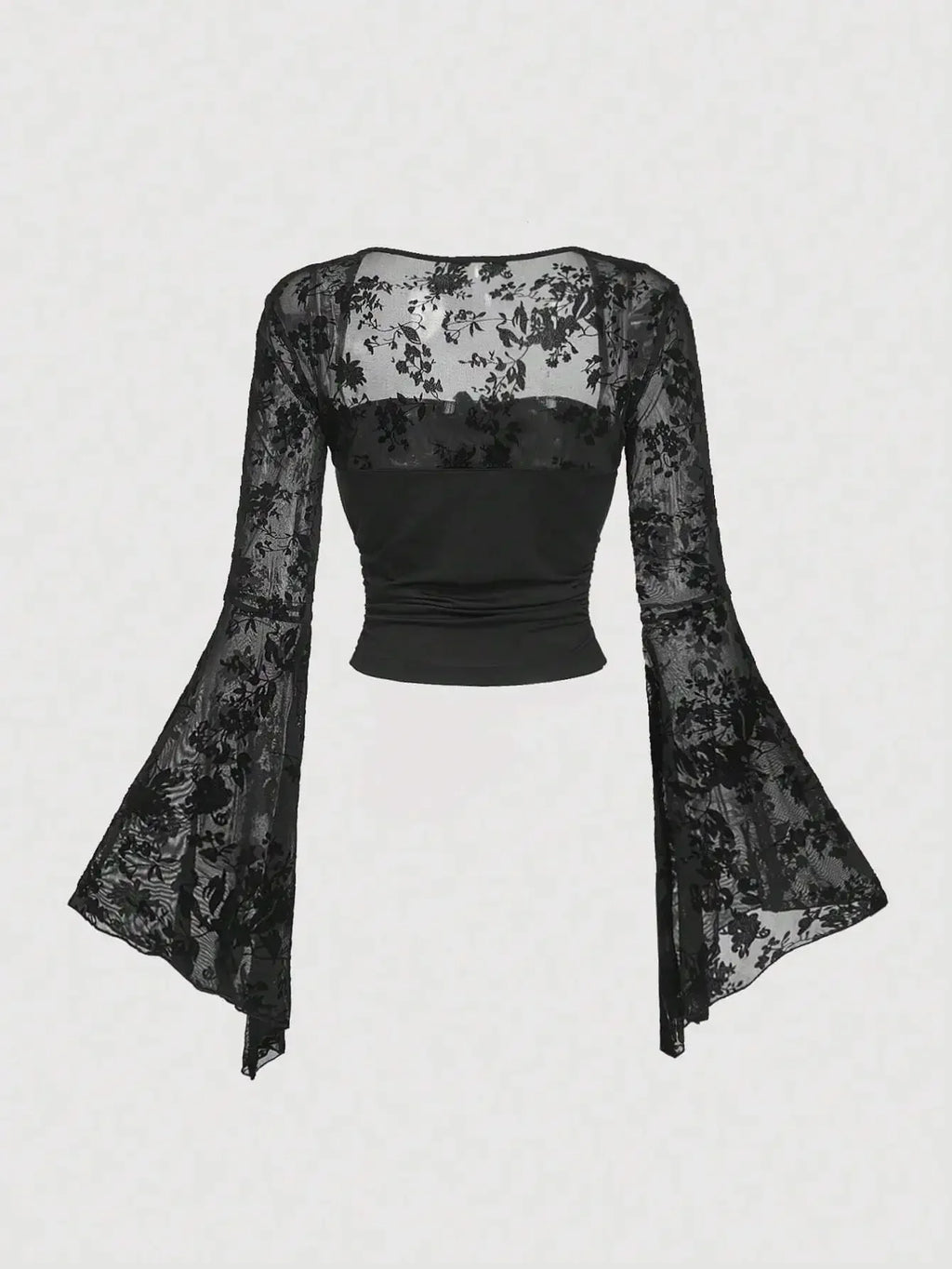 Design Sensation Lace Splicing Long Sleeve Mesh T-Shirt Sexy Elegant Style Full Sleeve Square Collar Polyester Fiber Top
