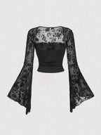 Design Sensation Lace Splicing Long Sleeve Mesh T-Shirt Sexy Elegant Style Full Sleeve Square Collar Polyester Fiber Top