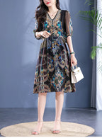 2025 Summer Bohemian Dresses For Women Elegant V-neck High Waist Women's Print Black Dress A-line 100% Real Silk Long Midi Dress