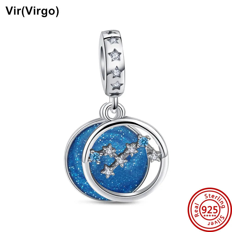 Authentic 925 Sterling Silver Sparkling Aries Leo Scorpio 12 Zodiac Signs Constellation Charm Beads Fit Pantaro Bracelet Jewelry