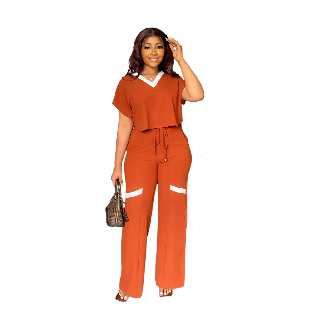 Elegant Women's Casual Short Sleeve T-shirt Sports Suit Summer Fashion Solid V Neck Short Top & Straight Pants Two Piece Sets