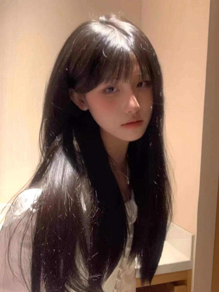 Black Synthetic Wig Fluffy Natural Fringe Waist-Length Straight Hair Women Cosplay Daily Use Of Heat-Resistant Full Head Cover