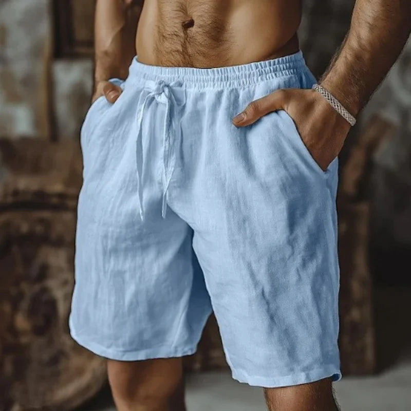 2025 New Summer New Men's Cotton Linen Breathable Shorts Hawaii Beach Pants Male Solid Color Trousers Loose Versatile Streetwear