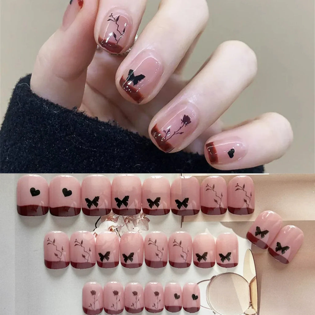 24PCS/SET Cold Black Chess Board Wearing Fake Nails Finished Product Long Full Coverage Acrylic Removable Press on Nails Art Tip