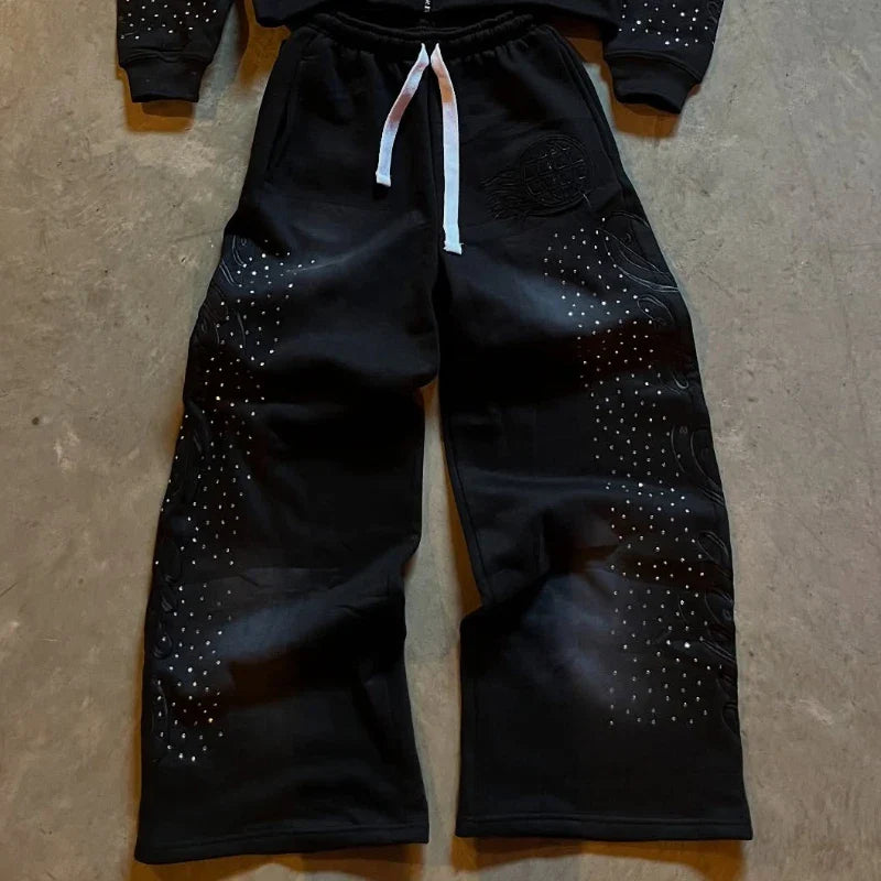 Autumn and winter European loose rhinestone decal retro zipper hoodie y2k Harajuku casual solid color sports design street hoodi