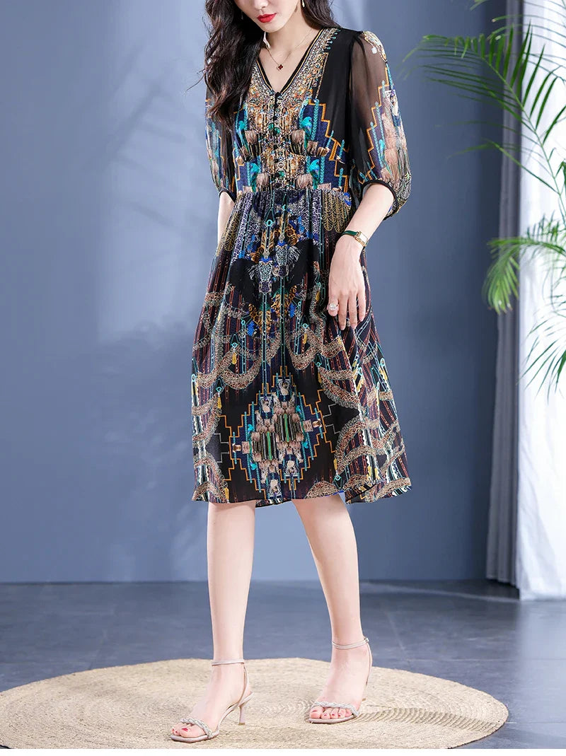 2025 Summer Bohemian Dresses For Women Elegant V-neck High Waist Women's Print Black Dress A-line 100% Real Silk Long Midi Dress