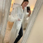 Bride Robe For Wedding Day With Feather Long Silk White Boudoir Kimono Boudoir Lingerie Satin Robes Bridal Lace Bridesmaid Gifts