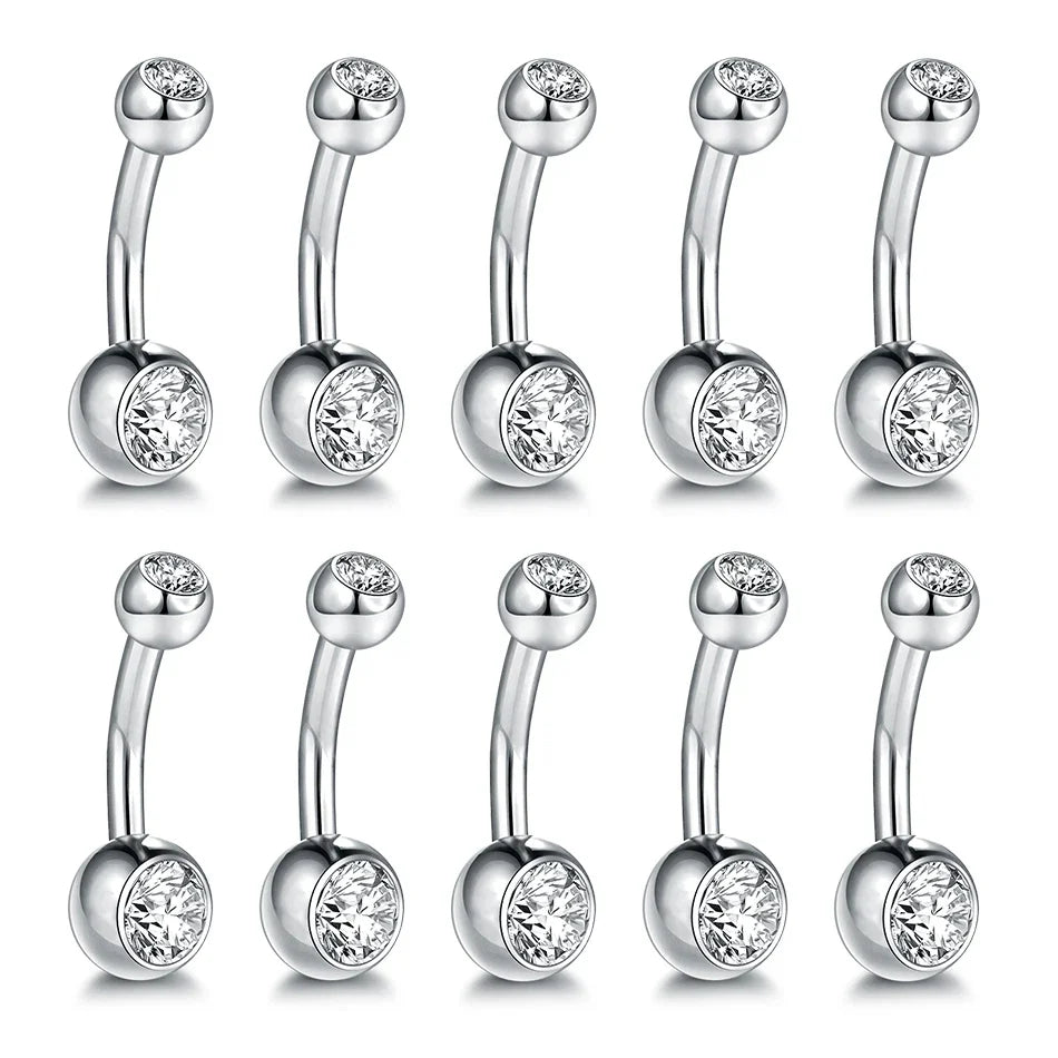 10pcs/lot Titanium CZ Crystal Belly Button Ring Navel Bar Piercing 6/8/10/12mm Belly Nombril Piercing Sexy Jewelry for Women 14G
