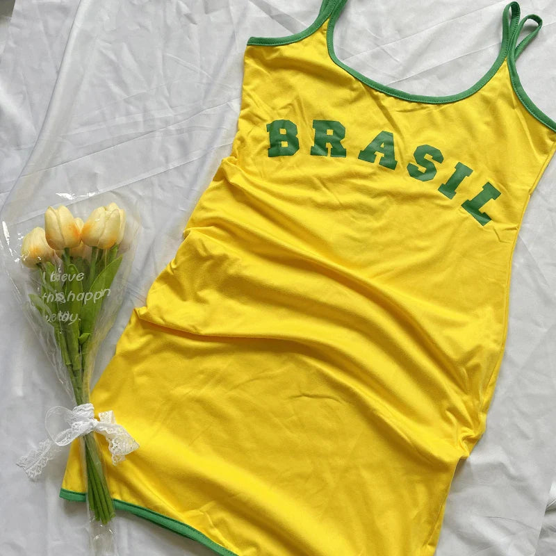 2024 Suspender Dress Women Beach Casual Short Dress Yellow Brasil Printed Long T Shirt Loose U Neck Sexy Summer Sling Mini Robe