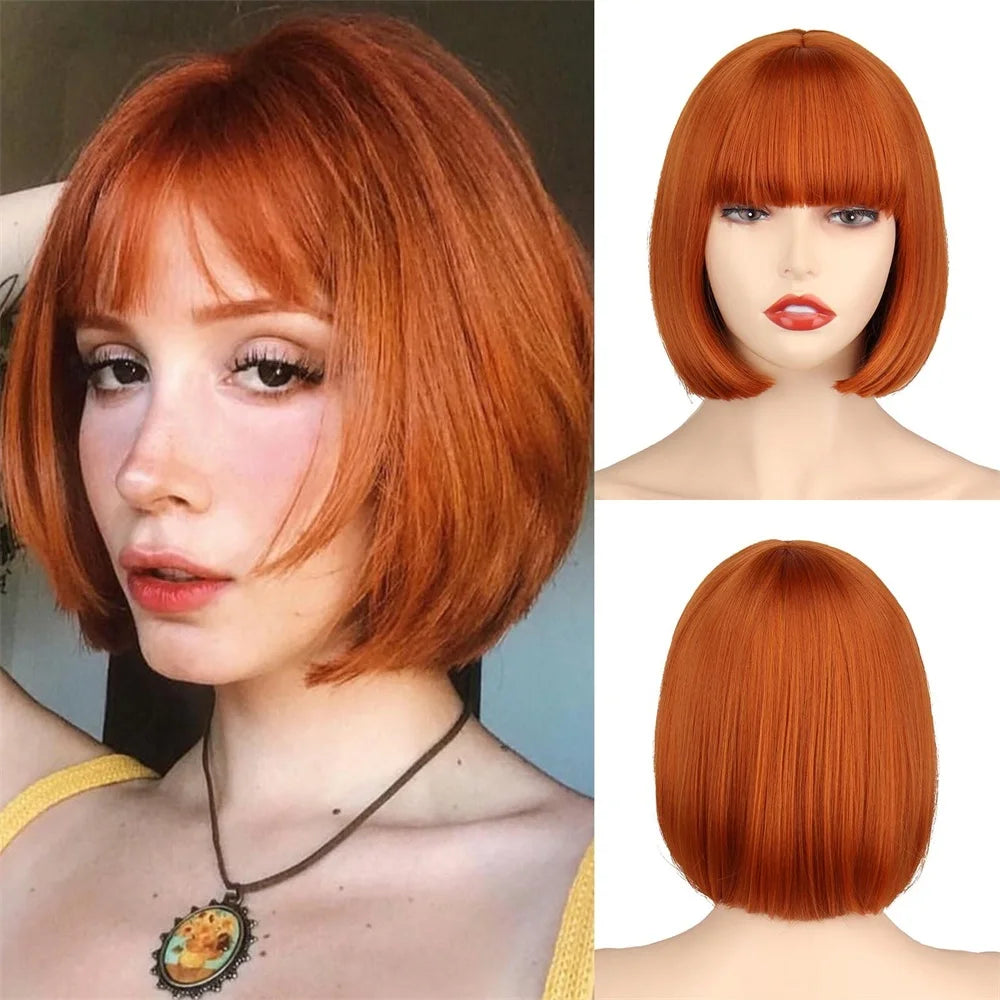 HAIRJOY Women Short  Straight  White Bob Wig with Bangs  Synthetic Hair for Daily Party Cosplay Halloween