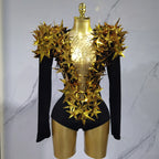 2025 New Shiny Black Rhinestone Velvet Long Sleeve Bodysuit Women Evening Party Club Gala Hosts NightClub Bar Stage Costumes