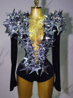 2025 New Shiny Black Rhinestone Velvet Long Sleeve Bodysuit Women Evening Party Club Gala Hosts NightClub Bar Stage Costumes