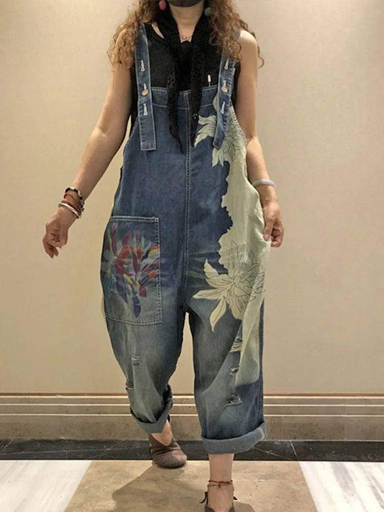 AmaxluluE 2025 Females Fashion Overalls Ladies Summer Printed Denim Pantalons Vintage Casual Jeans Womens Loose Vintage Trousers