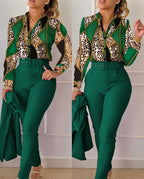 Elegant Women Printed Two Piece Suit Sets Spring Autumn V Neck Long Sleeve Shirt Top & Long Pants Set With Belt Workwear Outfits