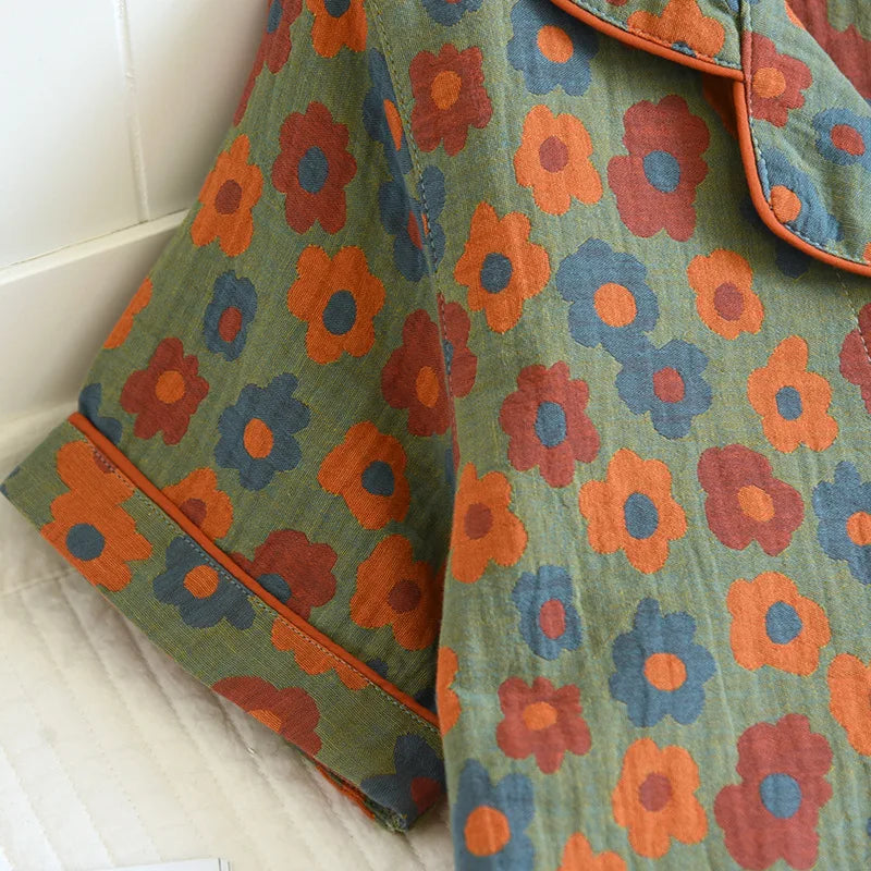 2025 New Spring/Summer Pajamas Three Piece Set Thin 100%Cotton Crepe Ladies Short Sleeves+Shorts+Pants Flip Collar Home Suit Set