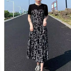 2024 New Summer Korean Version Elegant and Loose Floral Dress Short Sleeved Printed Patchwork Bandage for Women's Long Dress