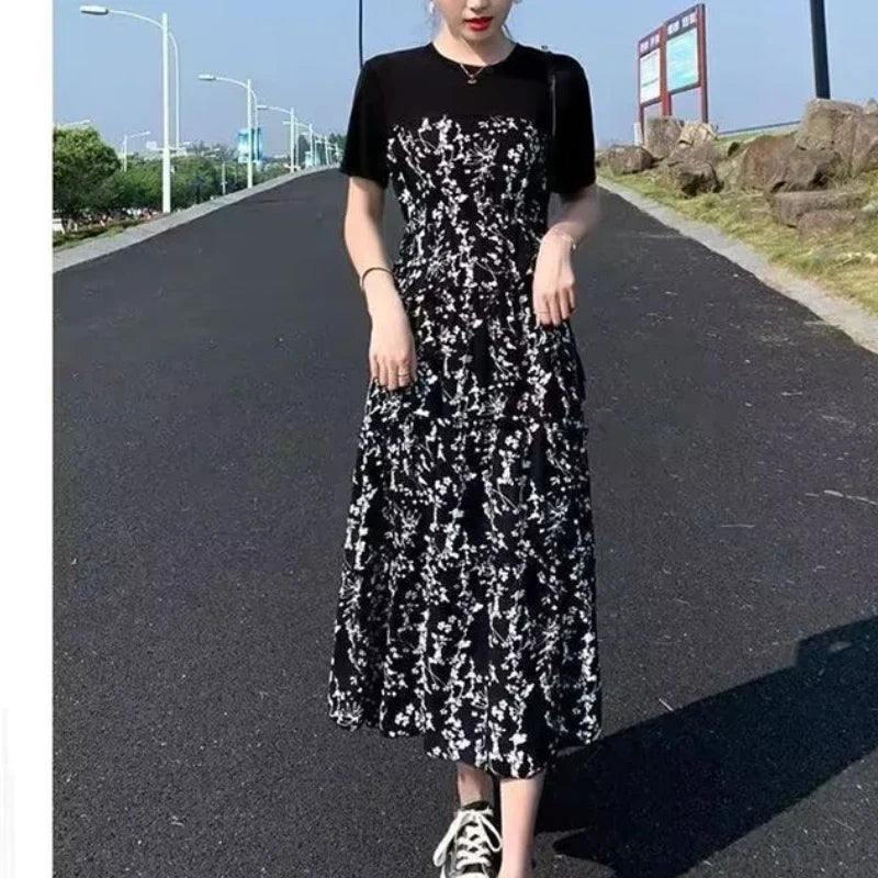 2024 New Summer Korean Version Elegant and Loose Floral Dress Short Sleeved Printed Patchwork Bandage for Women's Long Dress