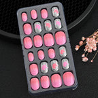 24Pcs Children Cartoon Nail Tips Colorful Cute Rabbit Pink Stars 6-14 Years old Girl Fake Nail With Jelly Glue Kids False Nail