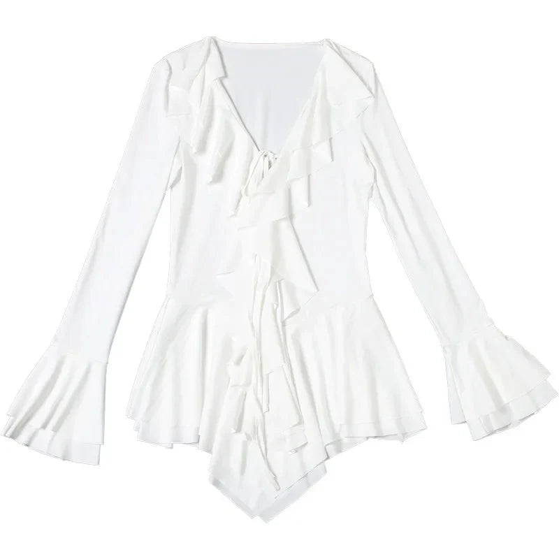 2025 New Autumn Irregular Hem Dress Women Y2K Flare Sleeve V-Neck Bandage Stretch Elegant Birthday Party Chic Hipster Bodycon