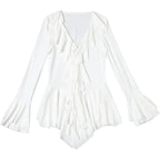 2025 New Autumn Irregular Hem Dress Women Y2K Flare Sleeve V-Neck Bandage Stretch Elegant Birthday Party Chic Hipster Bodycon